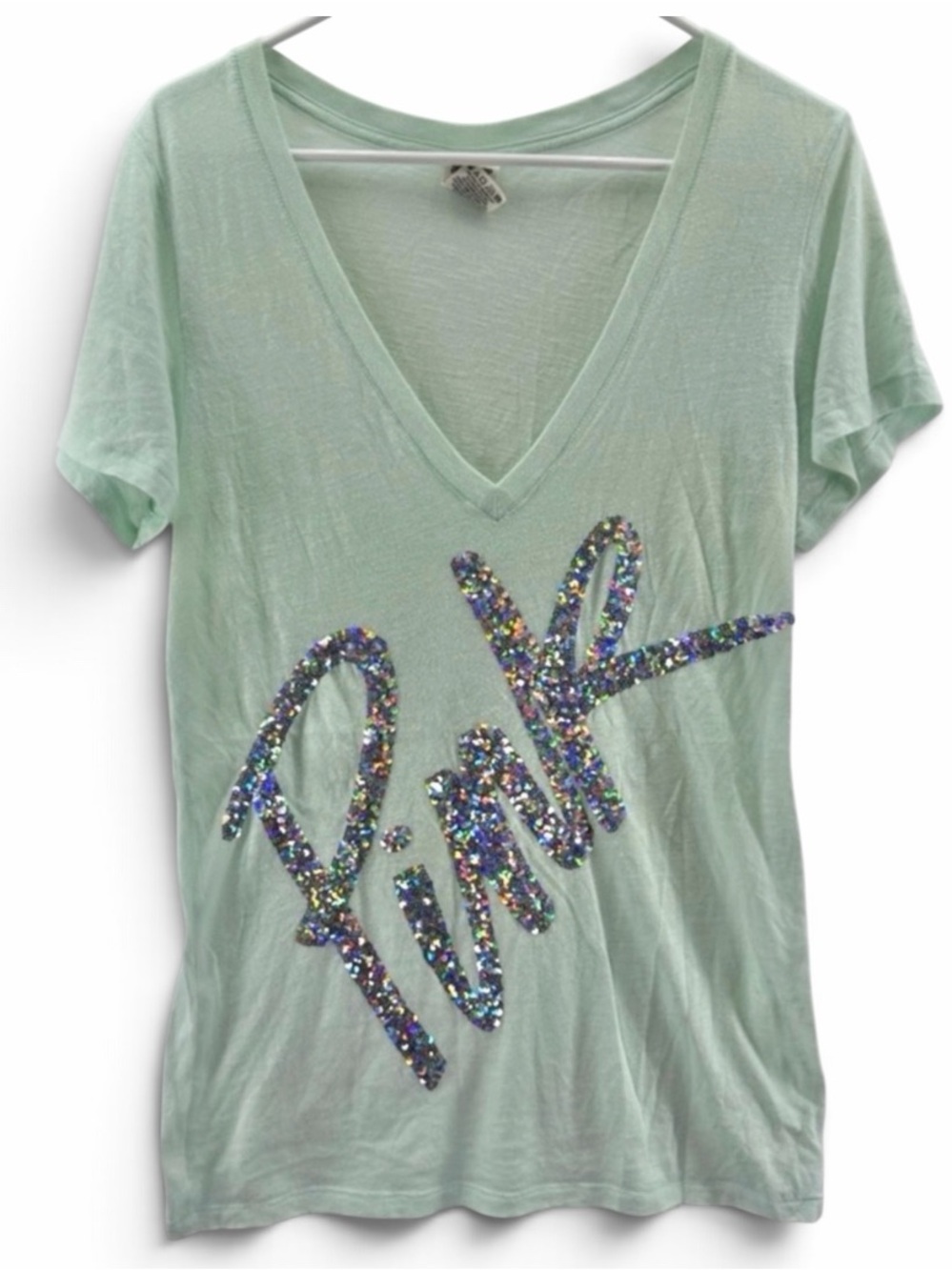 PINK Victoria's Secret Mint V-Neck Tee with Multicolor Sequin Logo Size Large